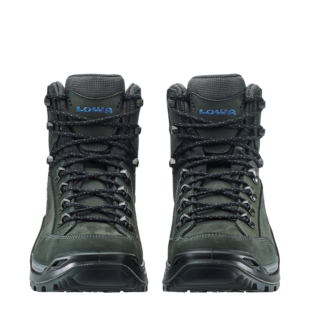 Men's LOWA RENEGADE EVO GTX MID hiking boot in ANTHRACITE/STEEL BLUE with GORE-TEX waterproof protection for hiking and mountain use. SKU 3119169780, 3119179780