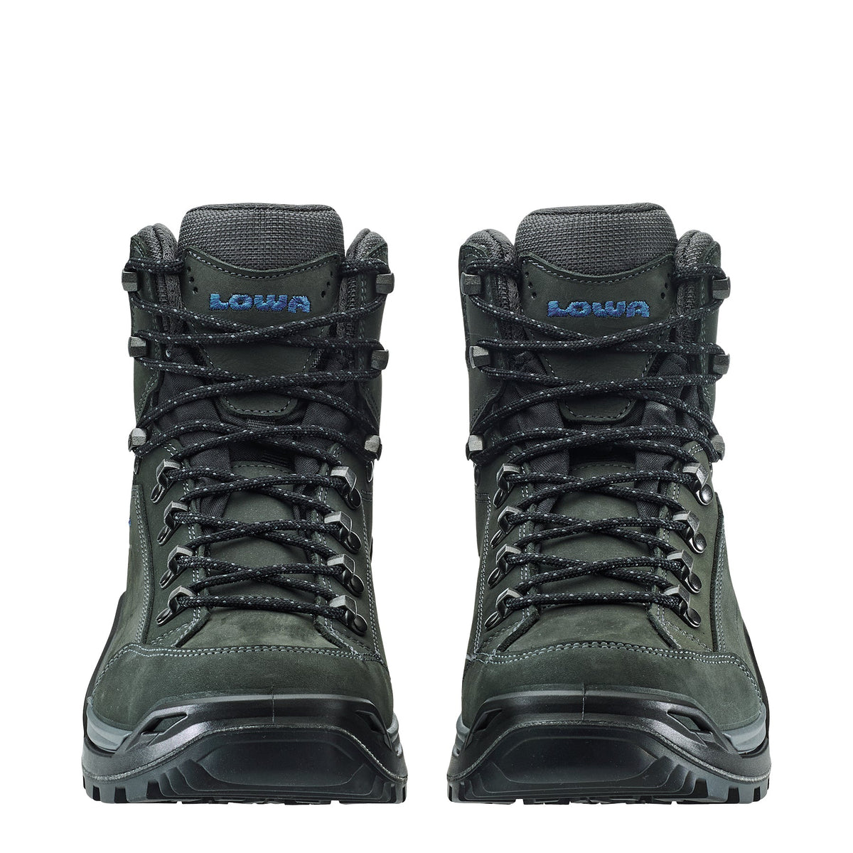 Men's LOWA RENEGADE EVO GTX MID hiking boot in ANTHRACITE/STEEL BLUE with GORE-TEX waterproof protection for hiking and mountain use. SKU 3119169780, 3119179780