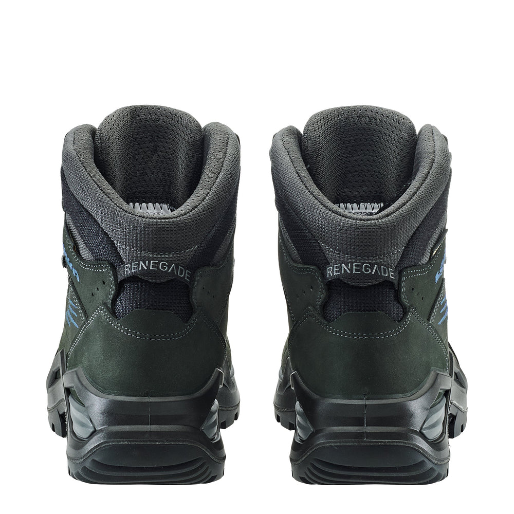 Men's LOWA RENEGADE EVO GTX MID hiking boot in ANTHRACITE/STEEL BLUE with GORE-TEX waterproof protection for hiking and mountain use. SKU 3119169780, 3119179780