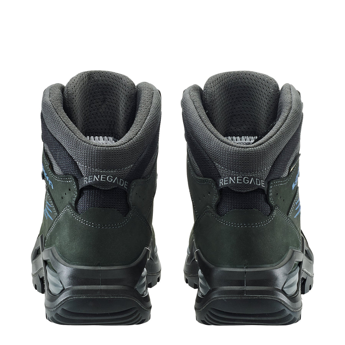 Men's LOWA RENEGADE EVO GTX MID hiking boot in ANTHRACITE/STEEL BLUE with GORE-TEX waterproof protection for hiking and mountain use. SKU 3119169780, 3119179780