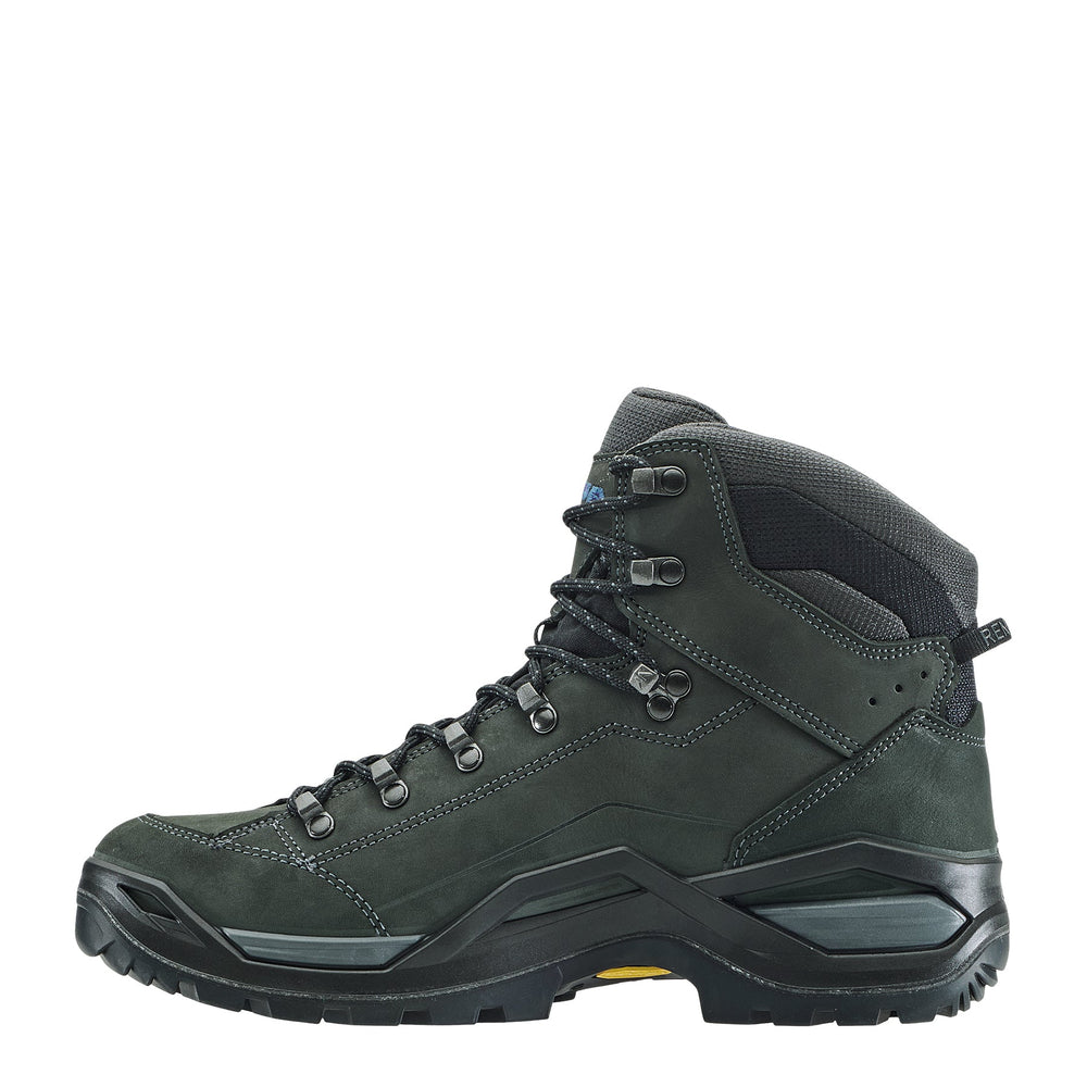Men's LOWA RENEGADE EVO GTX MID hiking boot in ANTHRACITE/STEEL BLUE with GORE-TEX waterproof protection for hiking and mountain use. SKU 3119169780, 3119179780