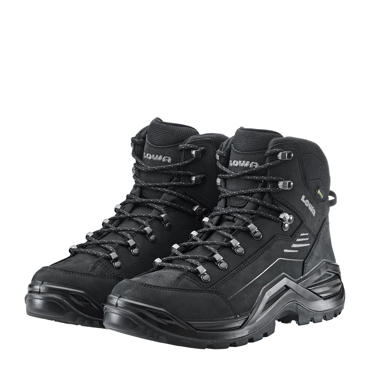 Black hiking boots with brand logo on a white background