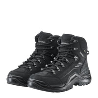 Black hiking boots with brand logo on a white background