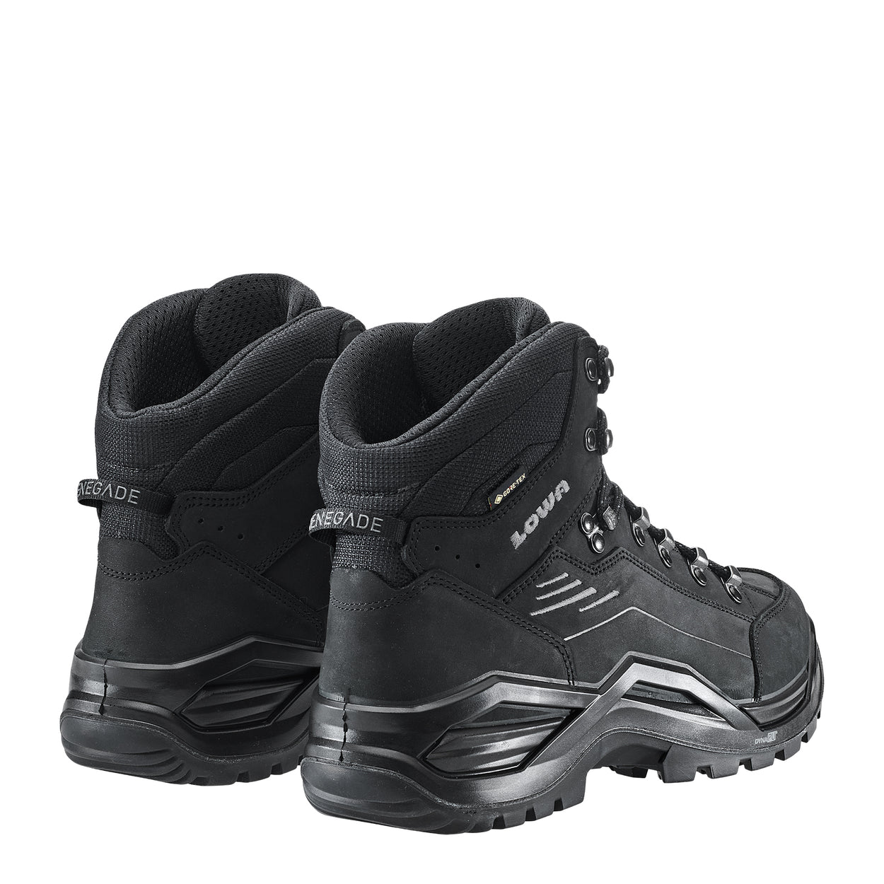 Pair of black hiking boots with visible brand logo on a white background