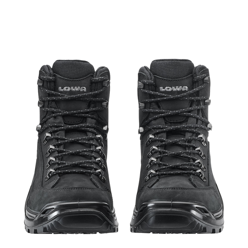 Pair of black high-top boots with visible brand logo on a white background
