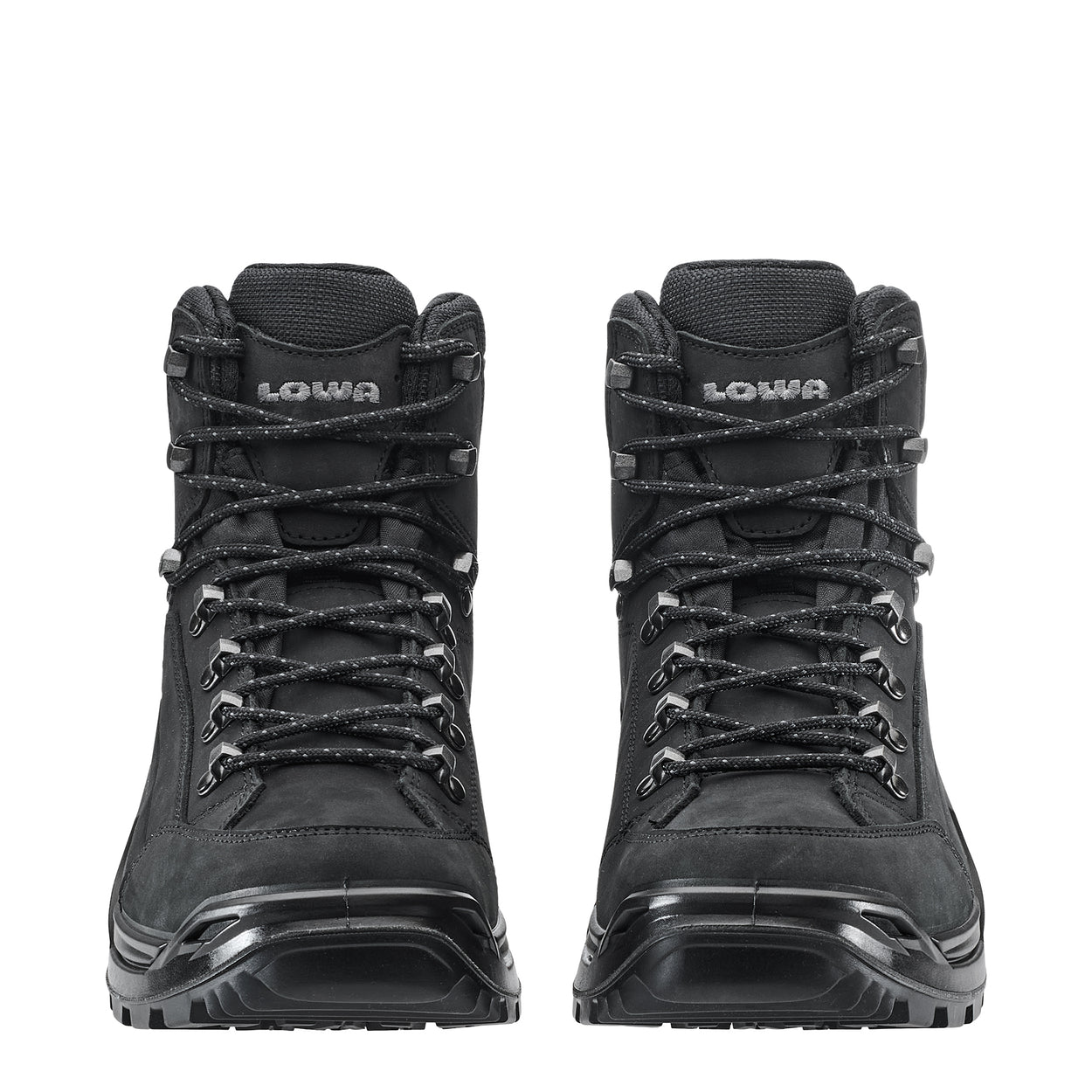 Pair of black high-top boots with visible brand logo on a white background
