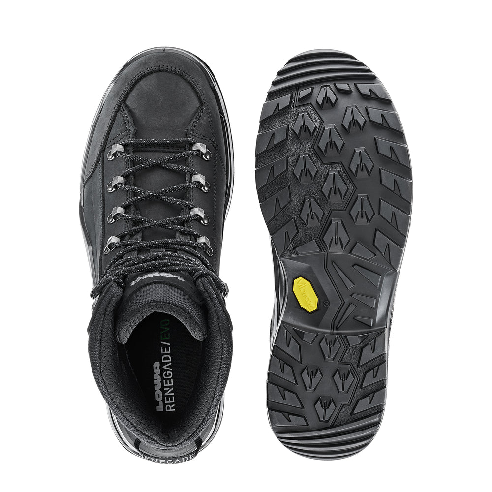 Black hiking boot with a yellow sole tag on a white background