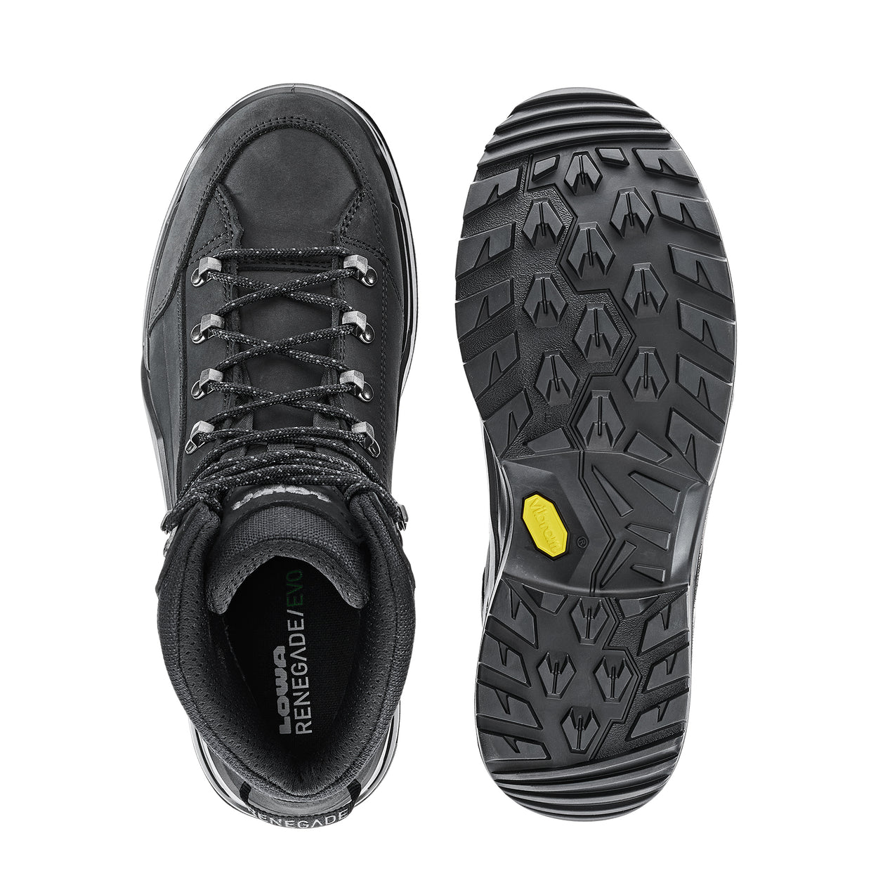 Black hiking boot with a yellow sole tag on a white background