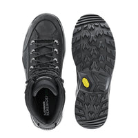 Black hiking boot with a yellow sole tag on a white background