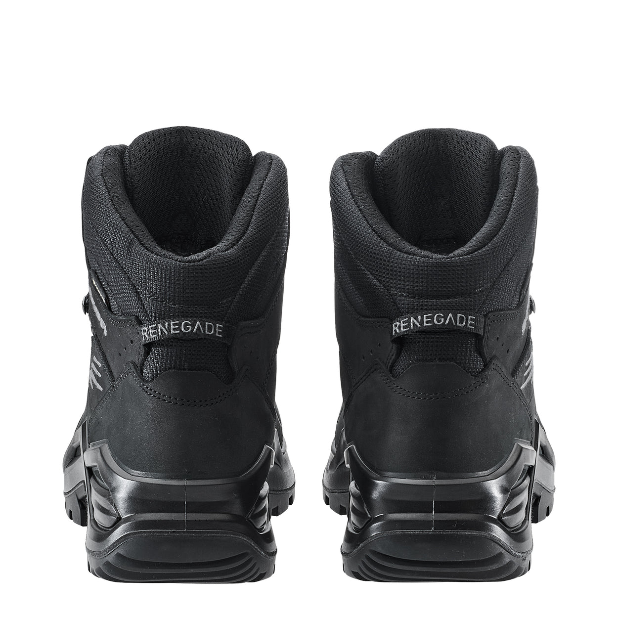 Black Renegade boots shown from the back on a white background