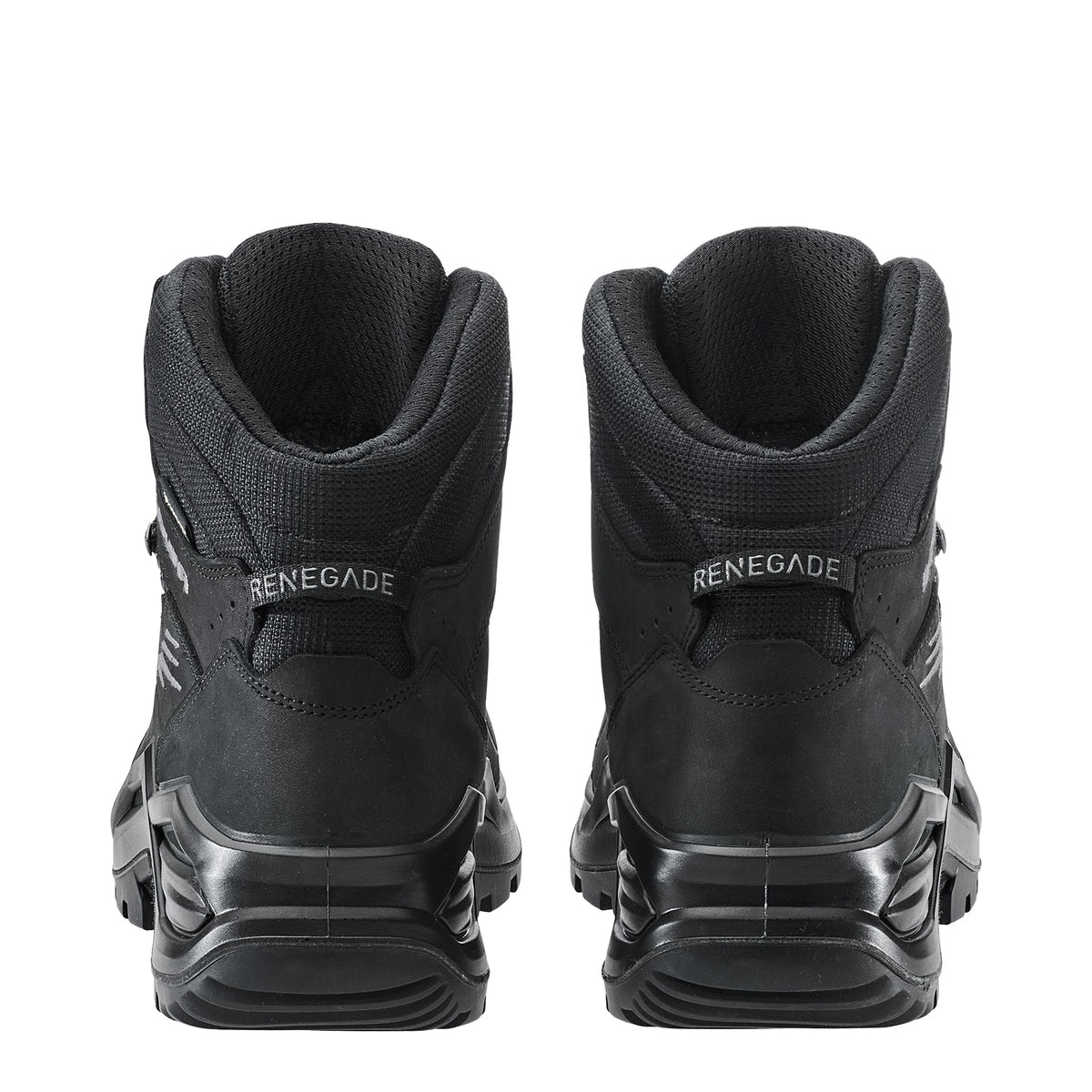 Men's LOWA RENEGADE EVO GTX MID hiking boot in DEEP BLACK with GORE-TEX waterproof protection for hiking and mountain use. SKU 3119160998, 3119170998