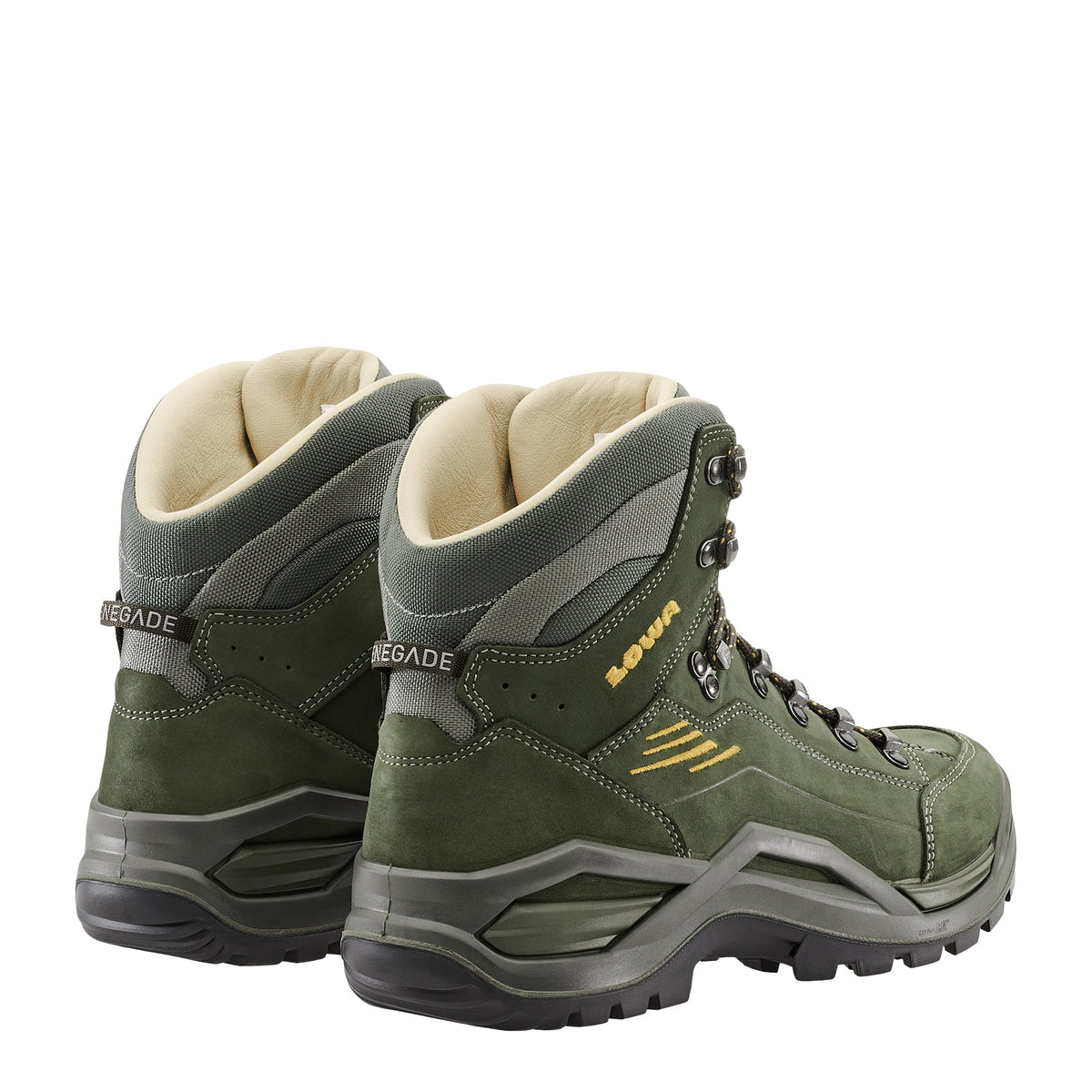 Men's LOWA RENEGADE EVO LL MID hiking boot in OLIVE/MUSTARD for hiking. SKU 3119707898