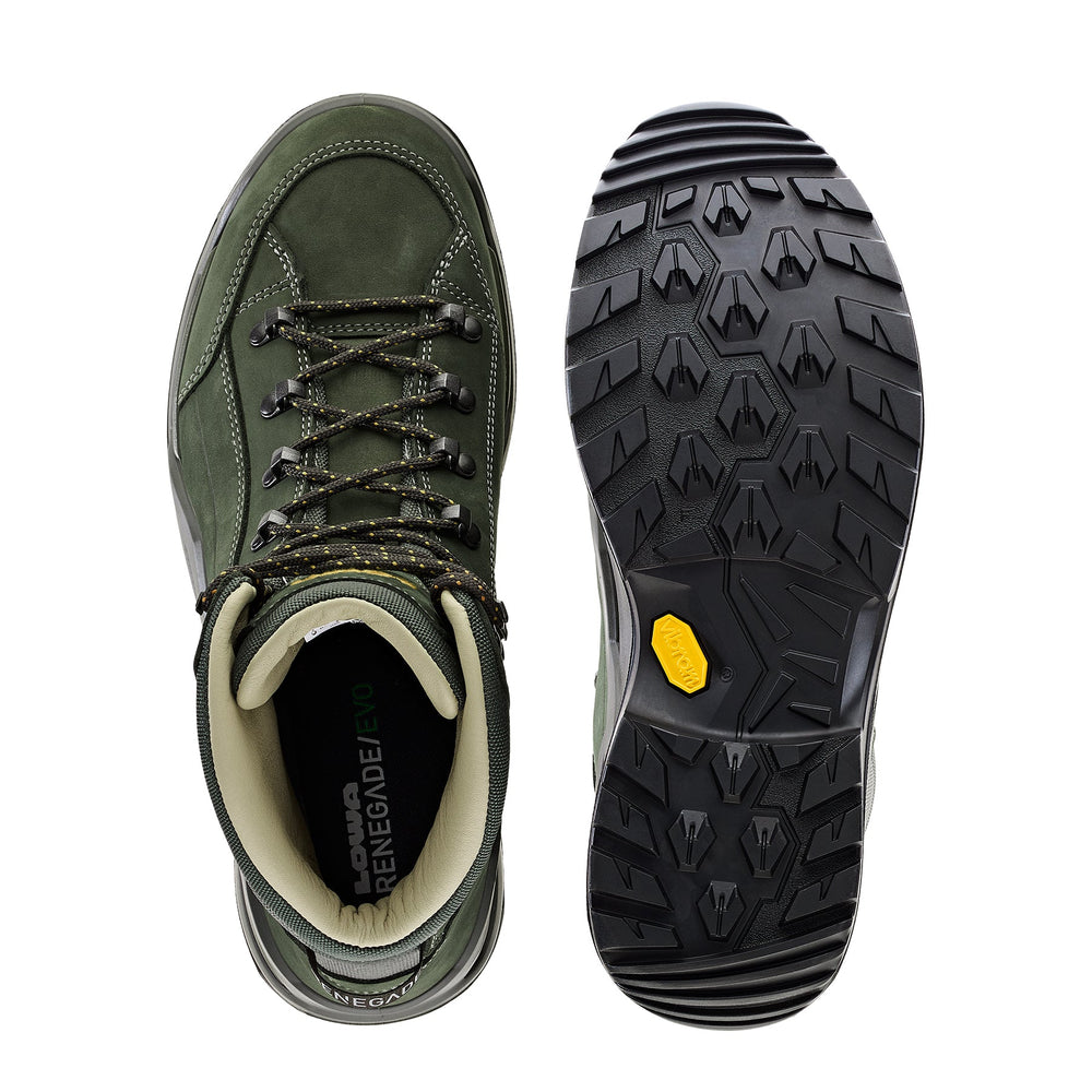 Men's LOWA RENEGADE EVO LL MID hiking boot in OLIVE/MUSTARD for hiking. SKU 3119707898