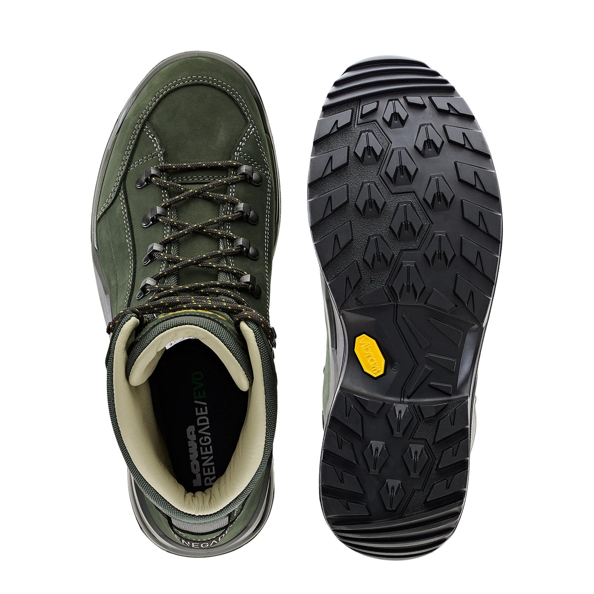 Men's LOWA RENEGADE EVO LL MID hiking boot in OLIVE/MUSTARD for hiking. SKU 3119707898