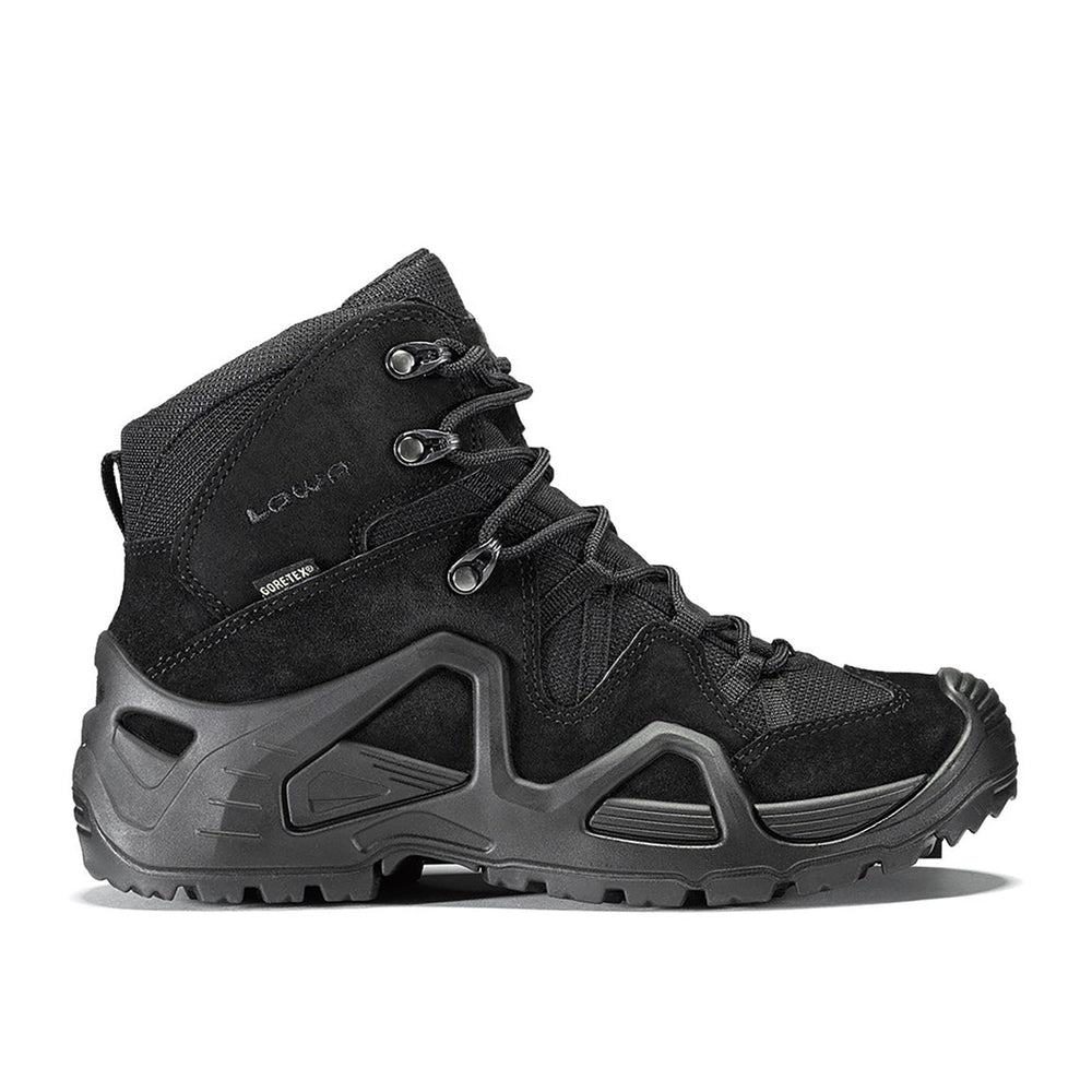 Women's LOWA ZEPHYR GTX MID TF WS tactical boot in BLACK/BLACK with GORE-TEX waterproof protection for tactical and duty use and mountain use. SKU 3205379999