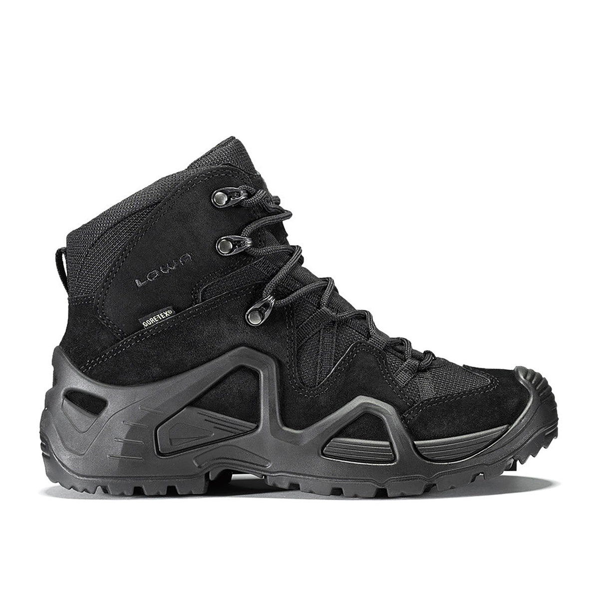 Women's LOWA ZEPHYR GTX MID TF WS tactical boot in BLACK/BLACK with GORE-TEX waterproof protection for tactical and duty use and mountain use. SKU 3205379999