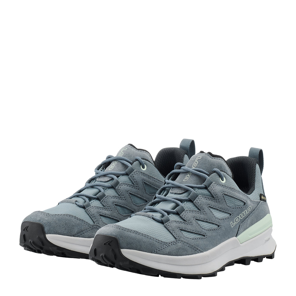 LOWA TETONIX GTX LO WS women's hiking shoe in smoke blue/slate blue, angled profile