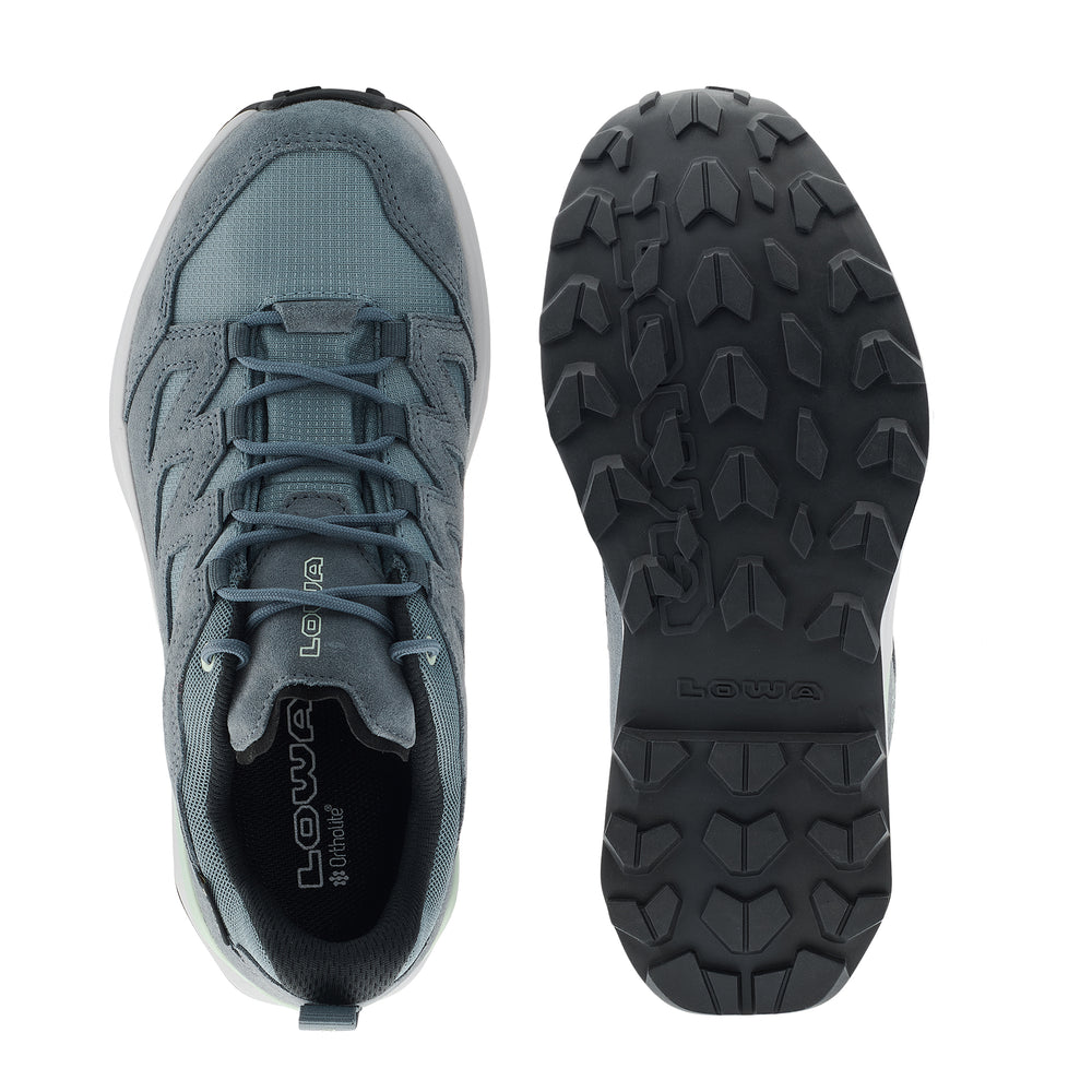 LOWA TETONIX GTX LO WS women's hiking shoe in smoke blue/slate blue, top-outsole profile