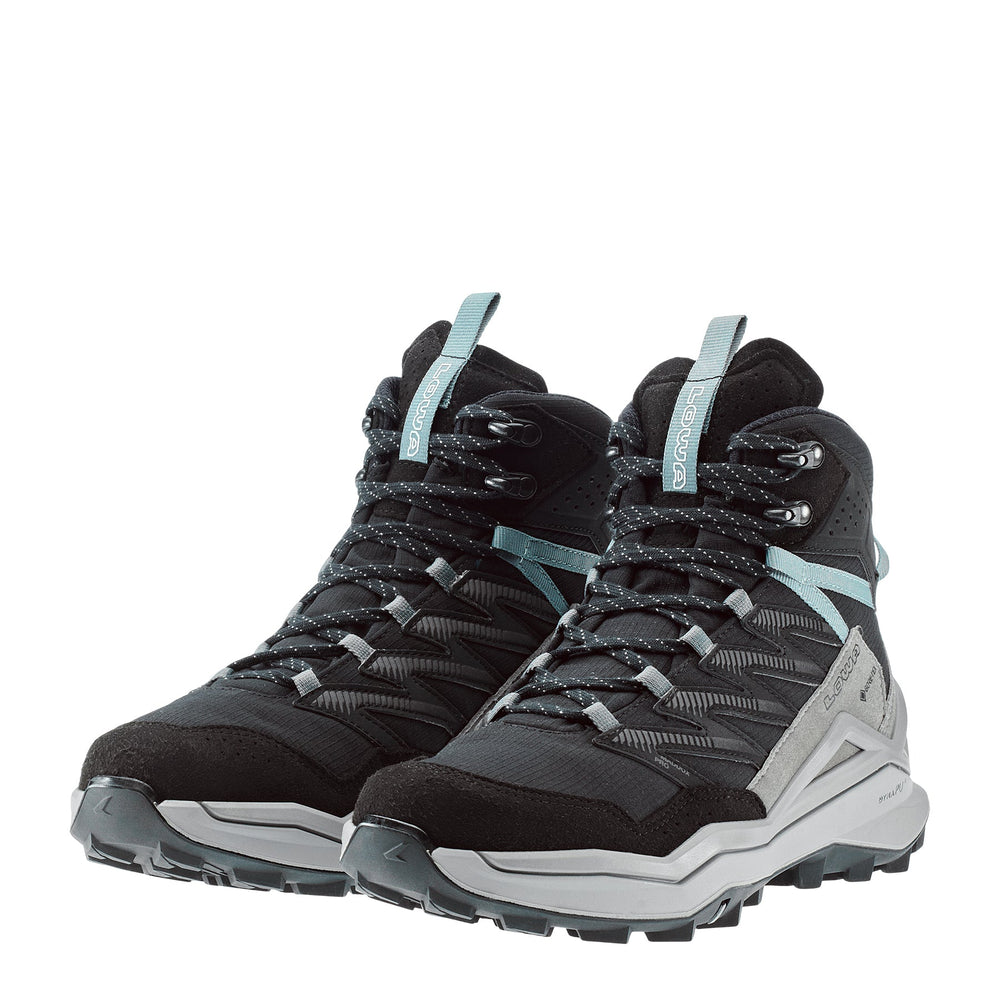 Women's LOWA MADDOX PRO GTX MID WS hiking boot in BLACK/GREY with GORE-TEX waterproof protection for hiking. SKU 3216209930, 3216219930