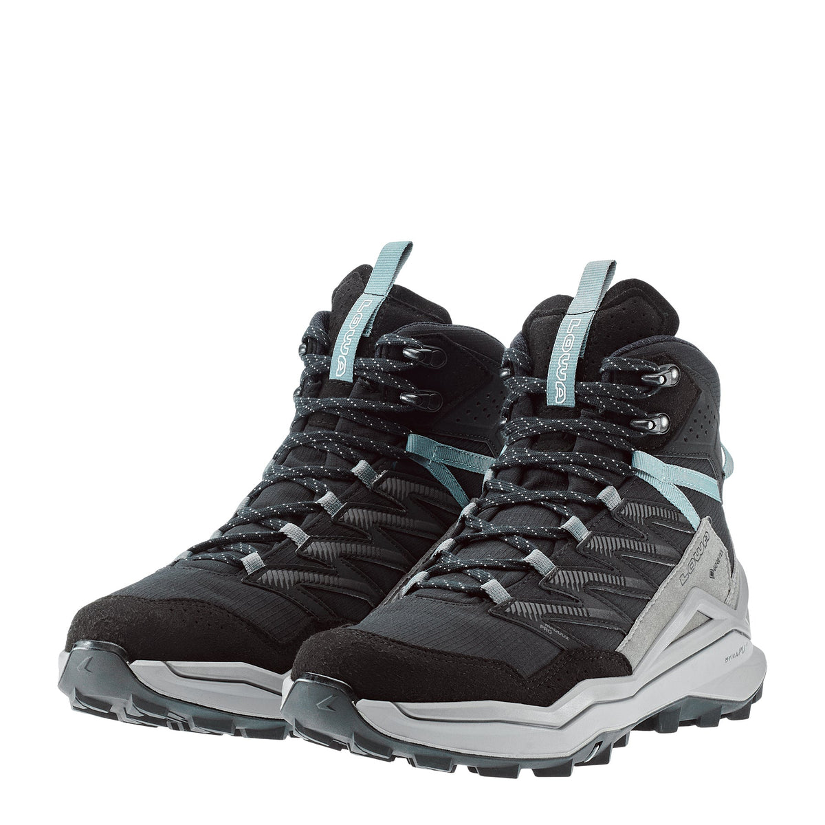 Women's LOWA MADDOX PRO GTX MID WS hiking boot in BLACK/GREY with GORE-TEX waterproof protection for hiking. SKU 3216209930, 3216219930