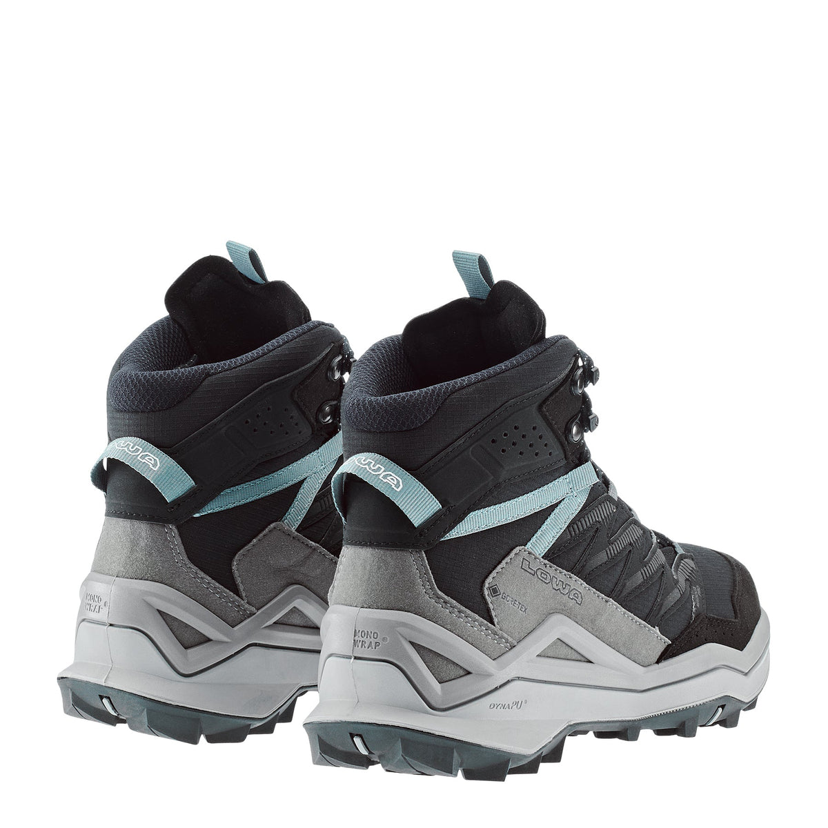 Women's LOWA MADDOX PRO GTX MID WS hiking boot in BLACK/GREY with GORE-TEX waterproof protection for hiking. SKU 3216209930, 3216219930