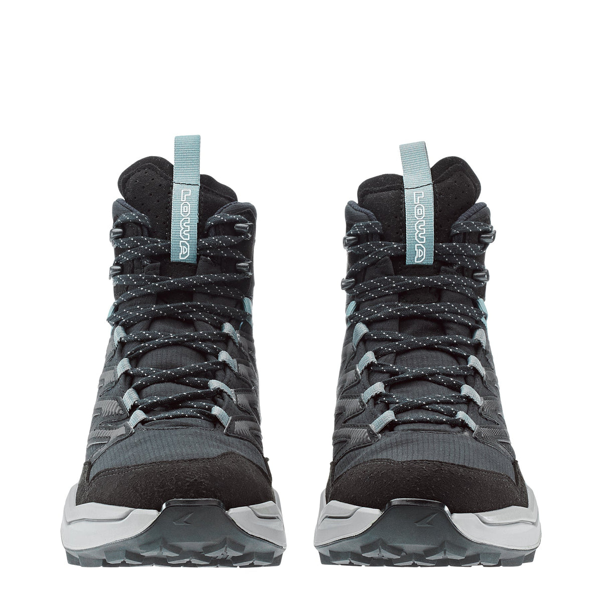 Women's LOWA MADDOX PRO GTX MID WS hiking boot in BLACK/GREY with GORE-TEX waterproof protection for hiking. SKU 3216209930, 3216219930