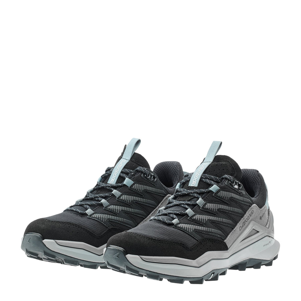 Women's LOWA MADDOX PRO GTX LO WS hiking shoe in BLACK/GREY with GORE-TEX waterproof protection for hiking. SKU 3216309930, 3216319930