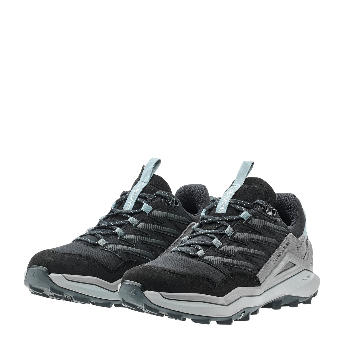 Women's LOWA MADDOX PRO GTX LO WS hiking shoe in BLACK/GREY with GORE-TEX waterproof protection for hiking. SKU 3216309930, 3216319930