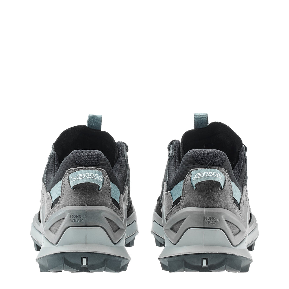 Women's LOWA MADDOX PRO GTX LO WS hiking shoe in BLACK/GREY with GORE-TEX waterproof protection for hiking. SKU 3216309930, 3216319930