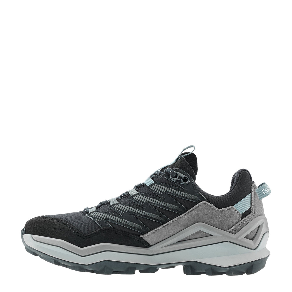 Women's LOWA MADDOX PRO GTX LO WS hiking shoe in BLACK/GREY with GORE-TEX waterproof protection for hiking. SKU 3216309930, 3216319930