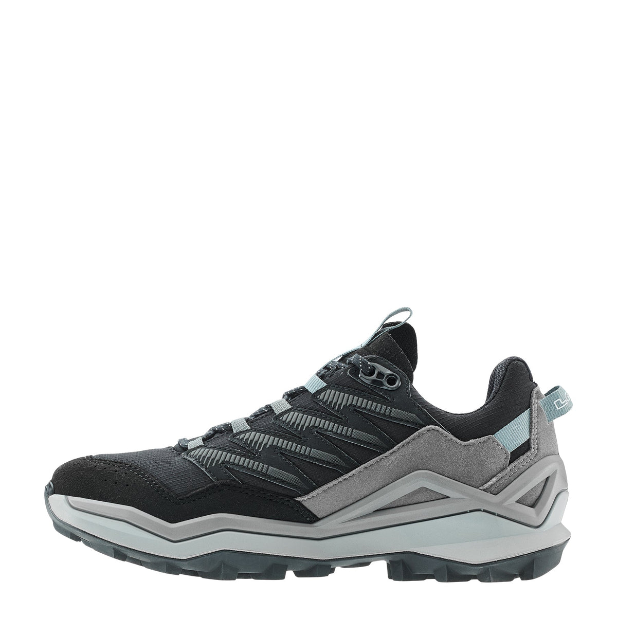Women's LOWA MADDOX PRO GTX LO WS hiking shoe in BLACK/GREY with GORE-TEX waterproof protection for hiking. SKU 3216309930, 3216319930