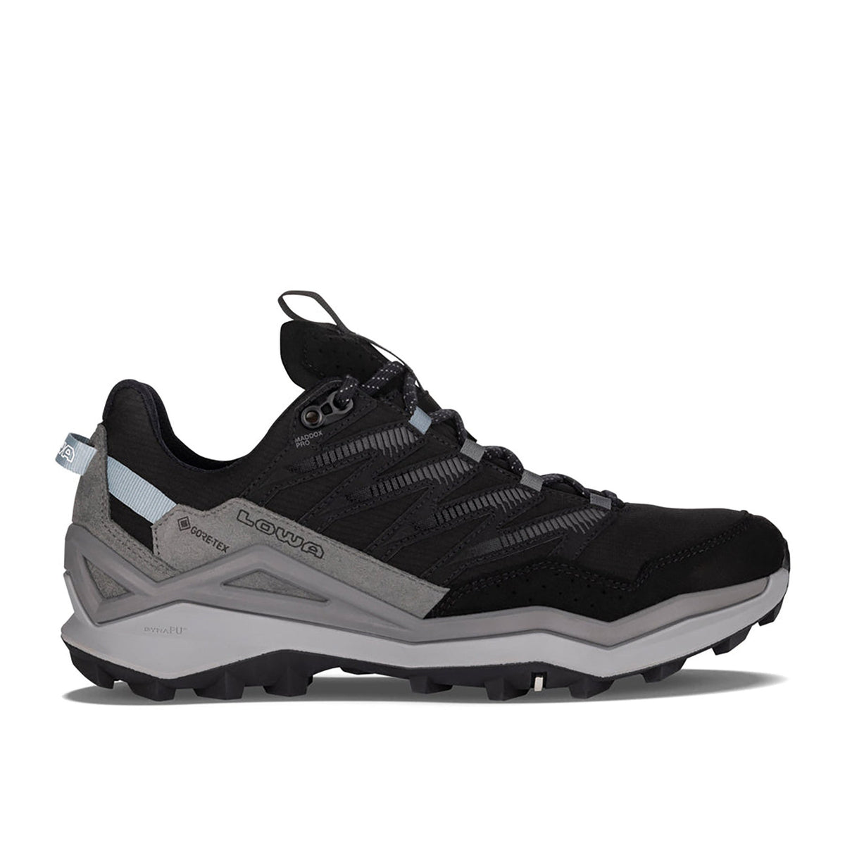 Women's LOWA MADDOX PRO GTX LO WS hiking shoe in BLACK/GREY with GORE-TEX waterproof protection for hiking. SKU 3216309930, 3216319930
