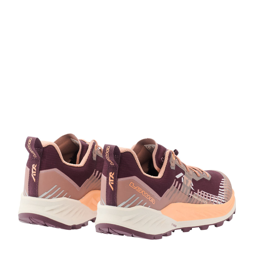 Women's LOWA AMPLUX 2 GTX WS trail running shoe in BURGUNDY/CLAY with GORE-TEX waterproof protection for trail running. SKU 3216853708