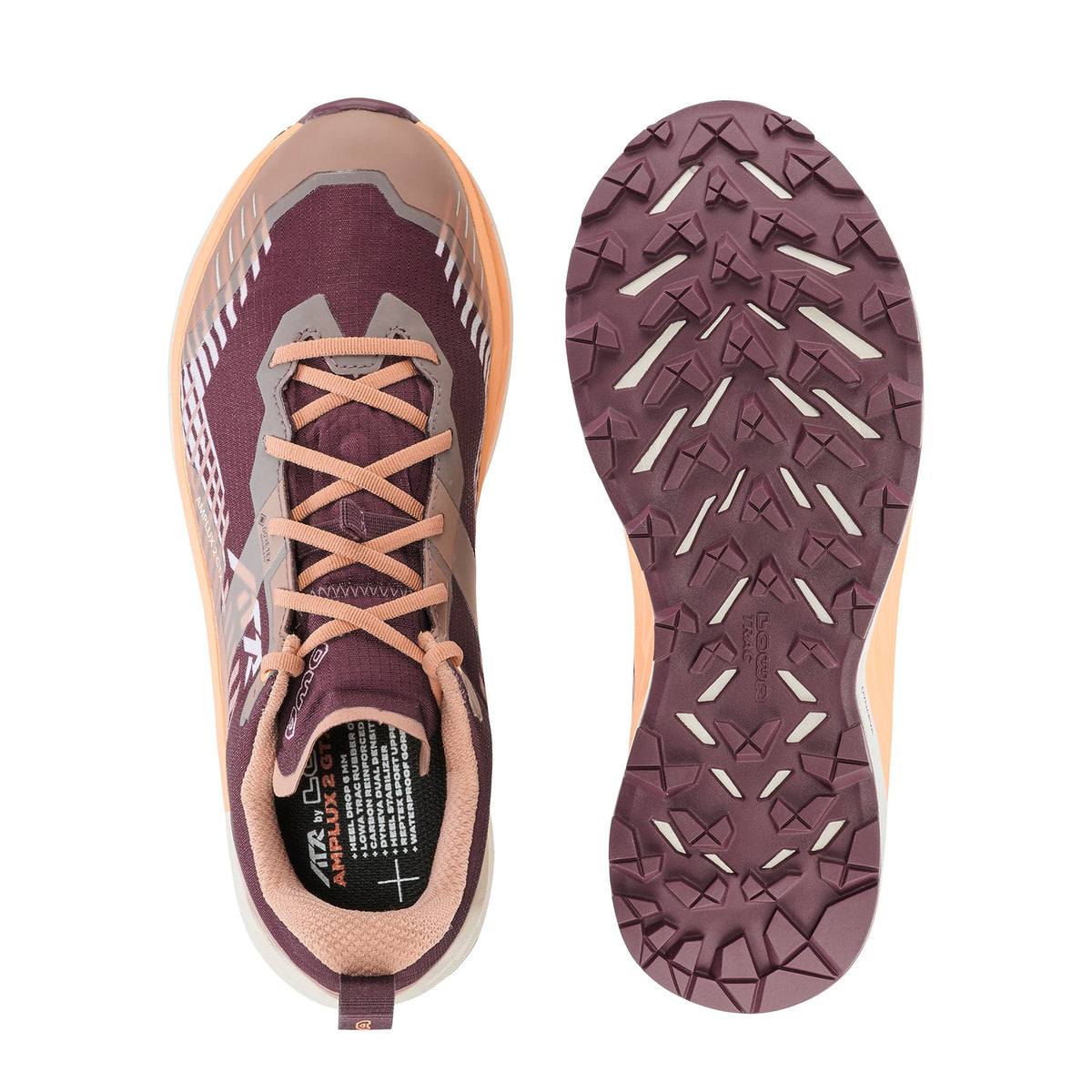 Women's LOWA AMPLUX 2 GTX WS trail running shoe in BURGUNDY/CLAY with GORE-TEX waterproof protection for trail running. SKU 3216853708