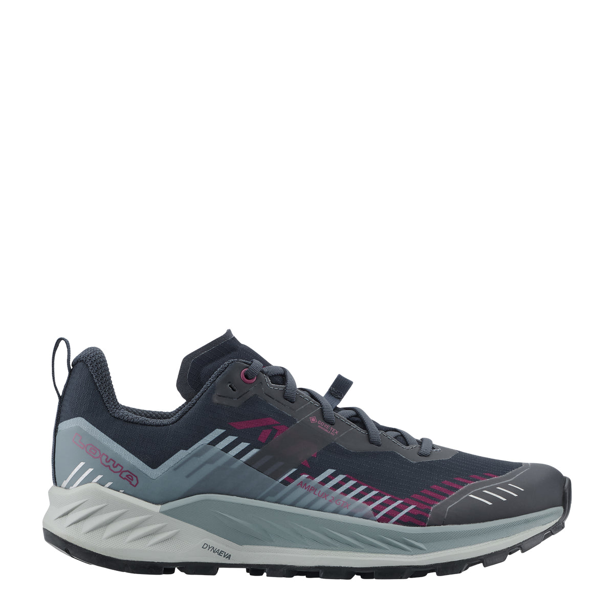 A single LOWA running shoe in dark navy and gray with magenta accents, shown from a side profile on a plain white background.