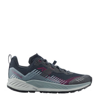 A single LOWA running shoe in dark navy and gray with magenta accents, shown from a side profile on a plain white background.