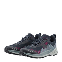 A pair of trail running shoes in dark gray and black with pink accents and a light gray midsole, shown against a plain white background.