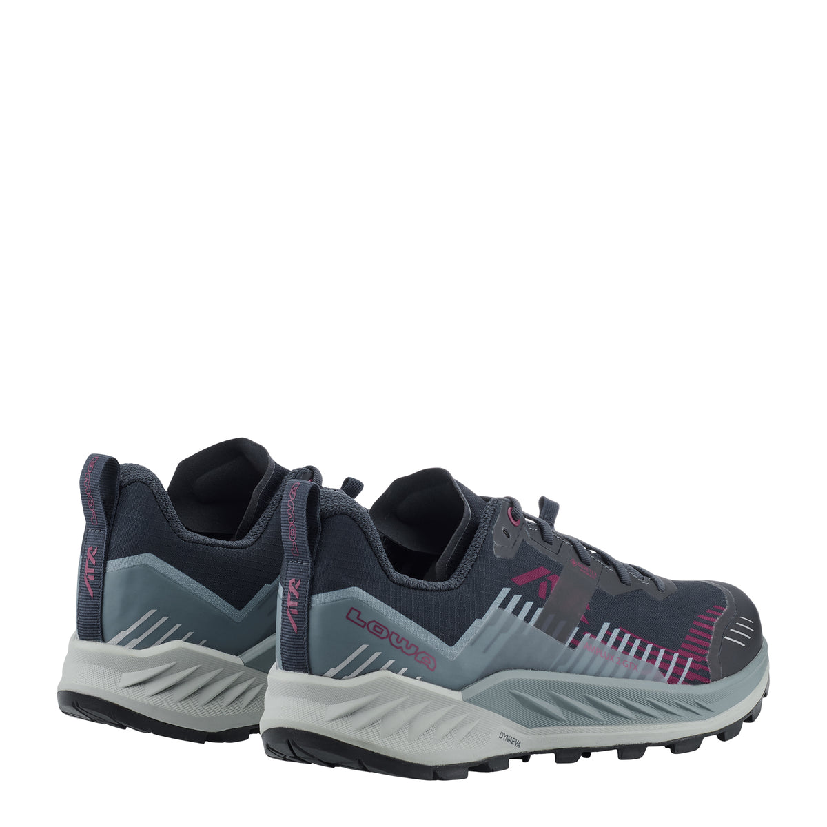 A pair of LOWA running shoes in dark gray and light gray with pink accents, shown from a three-quarters angle against a plain white background.