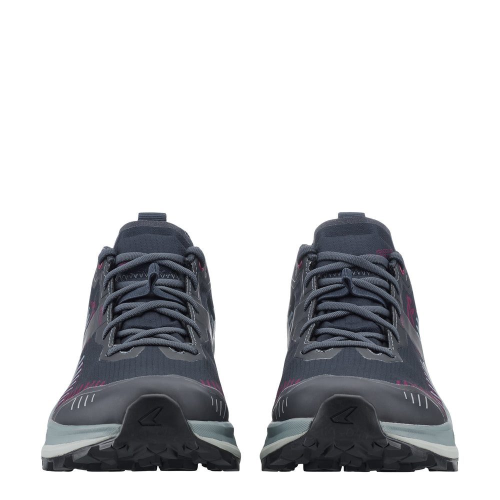 A pair of dark gray and black trail running shoes shown from the front on a solid white background.