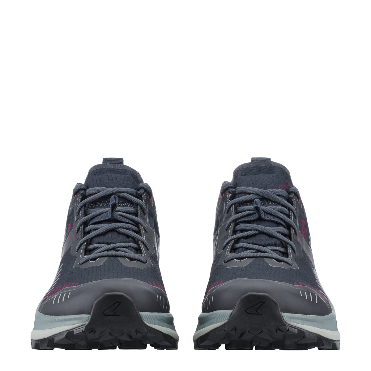 A pair of dark gray and black trail running shoes shown from the front on a solid white background.