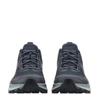 A pair of dark gray and black trail running shoes shown from the front on a solid white background.