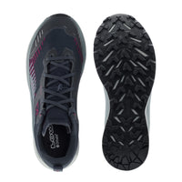 A pair of trail running shoes shown from the top and bottom views on a white background. The upper is dark gray and black with pink and white accents, and the sole is black with aggressive lugs.