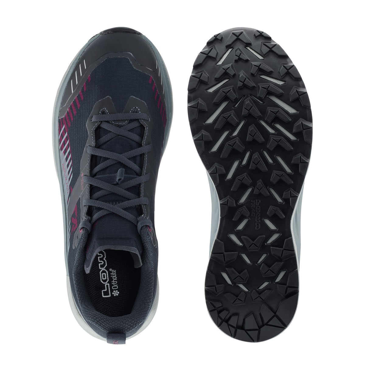 Women's LOWA AMPLUX 2 GTX WS trail running shoe in NAVY/BERRY with GORE-TEX waterproof protection for trail running. SKU 3216856951