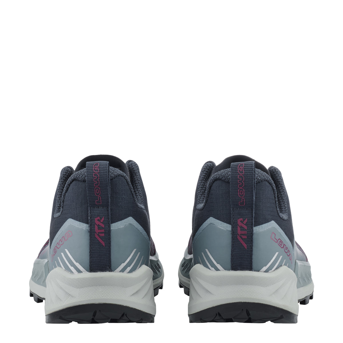 A pair of trail running shoes shown from the back, featuring a dark navy upper, light gray midsole panels, and magenta accents on the heel pull tabs and branding.