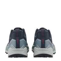 A pair of trail running shoes shown from the back, featuring a dark navy upper, light gray midsole panels, and magenta accents on the heel pull tabs and branding.
