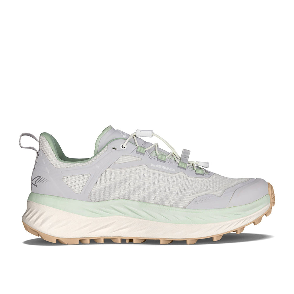 Women's LOWA FORTUX GTX WS trail running shoe in MILKY GREEN/WHITE with GORE-TEX waterproof protection for trail running and tactical and duty use. SKU 3218147201