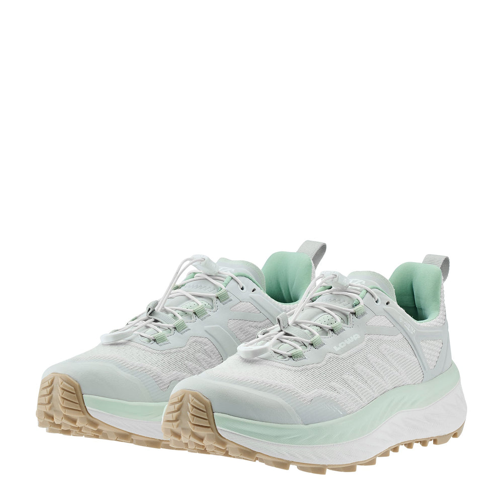 Women's LOWA FORTUX GTX WS trail running shoe in MILKY GREEN/WHITE with GORE-TEX waterproof protection for trail running and tactical and duty use. SKU 3218147201