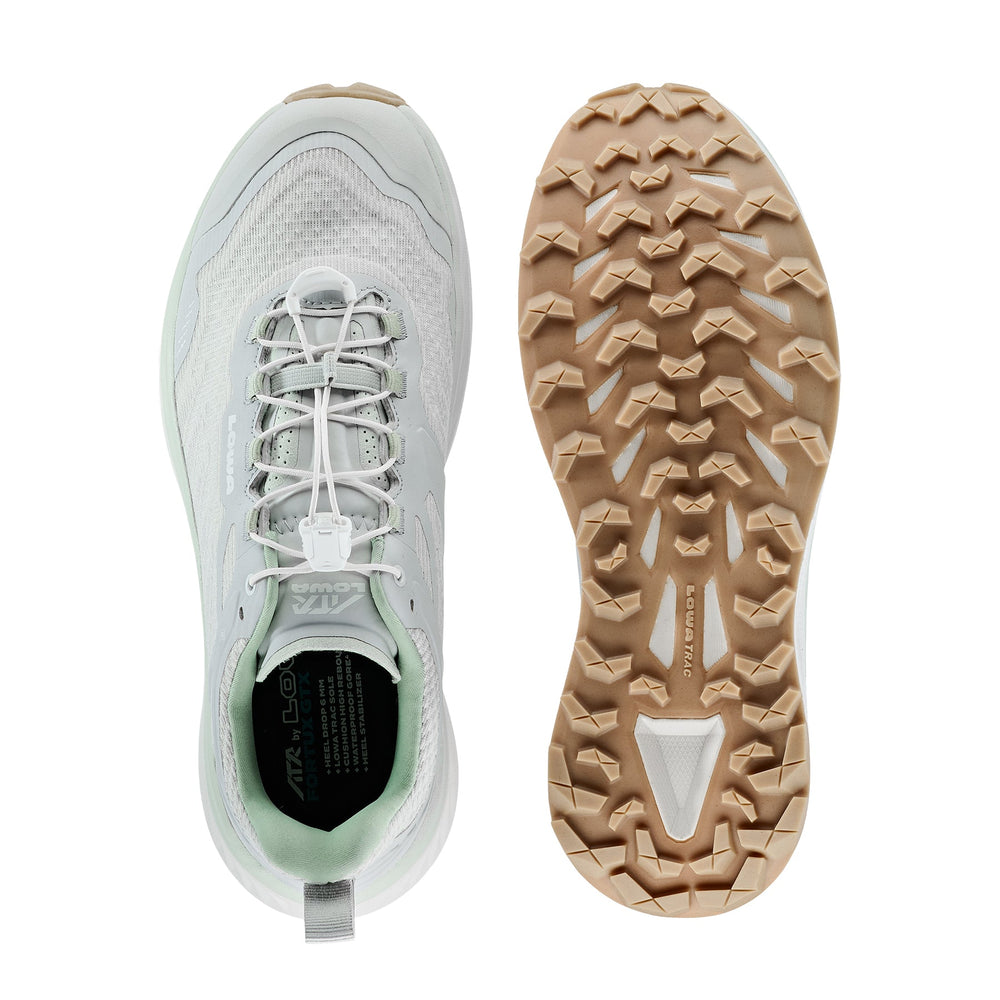 Women's LOWA FORTUX GTX WS trail running shoe in MILKY GREEN/WHITE with GORE-TEX waterproof protection for trail running and tactical and duty use. SKU 3218147201