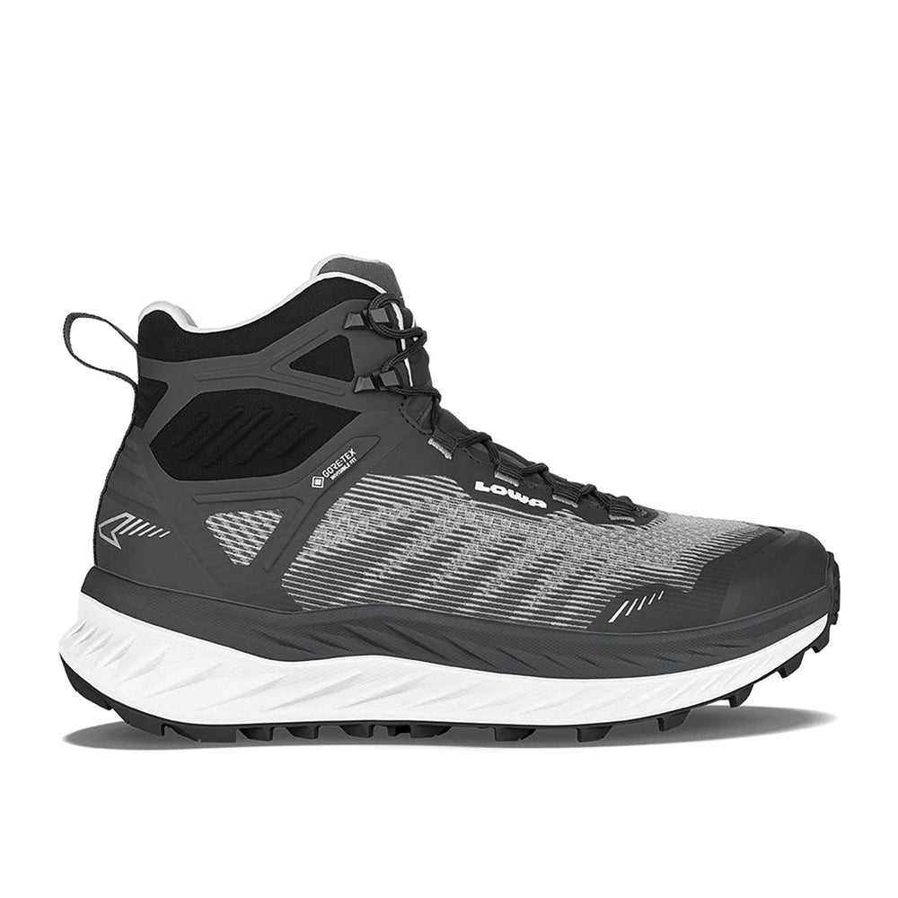 Women's LOWA FORTUX GTX QC WS trail running shoe in BLACK/WHITE with GORE-TEX waterproof protection for trail running and hiking. SKU 3218229990