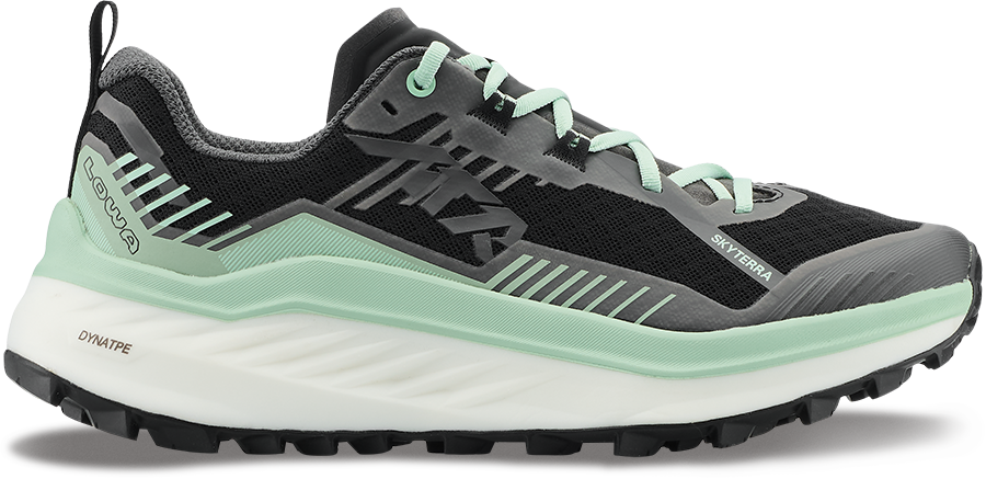 A single athletic trail running shoe shown in a three-quarter side view on a plain white background. The shoe features a black and dark gray mesh upper with mint green accents on the laces, side stripes, and midsole, a thick white and mint green midsole, and a black outsole.